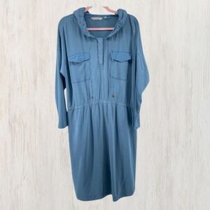 Soft Surroundings Blue L Hooded Midi Dress Elastic Waist Casual Coastal Pockets